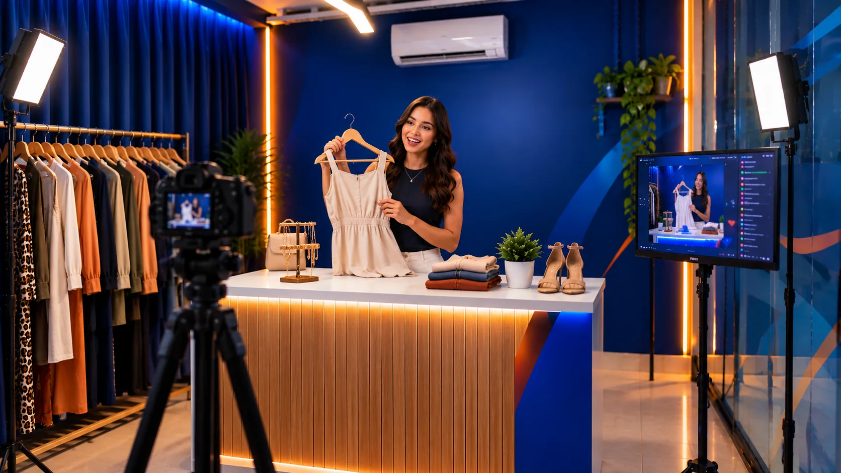 Apresentadora mostrando um vestido durante uma live shopping no estúdio da MOVA, com câmera, iluminação e monitor de transmissão