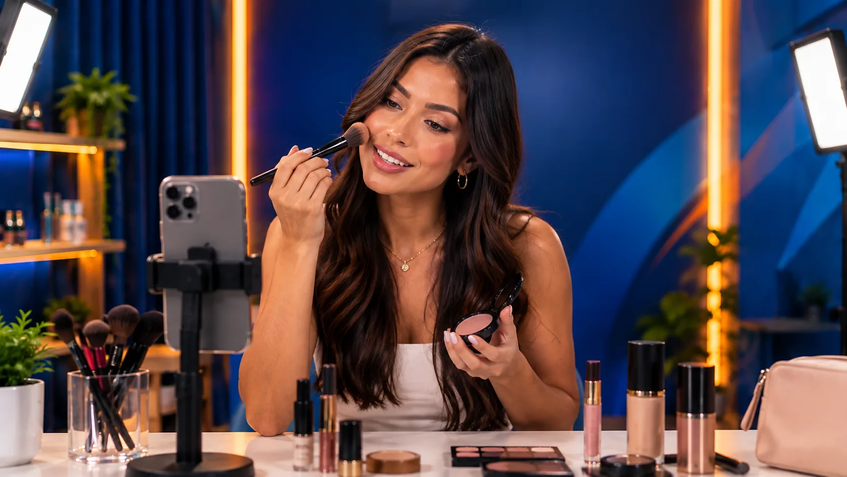 Host aplicando maquiagem durante uma live de beleza, com celular em suporte e produtos na bancada