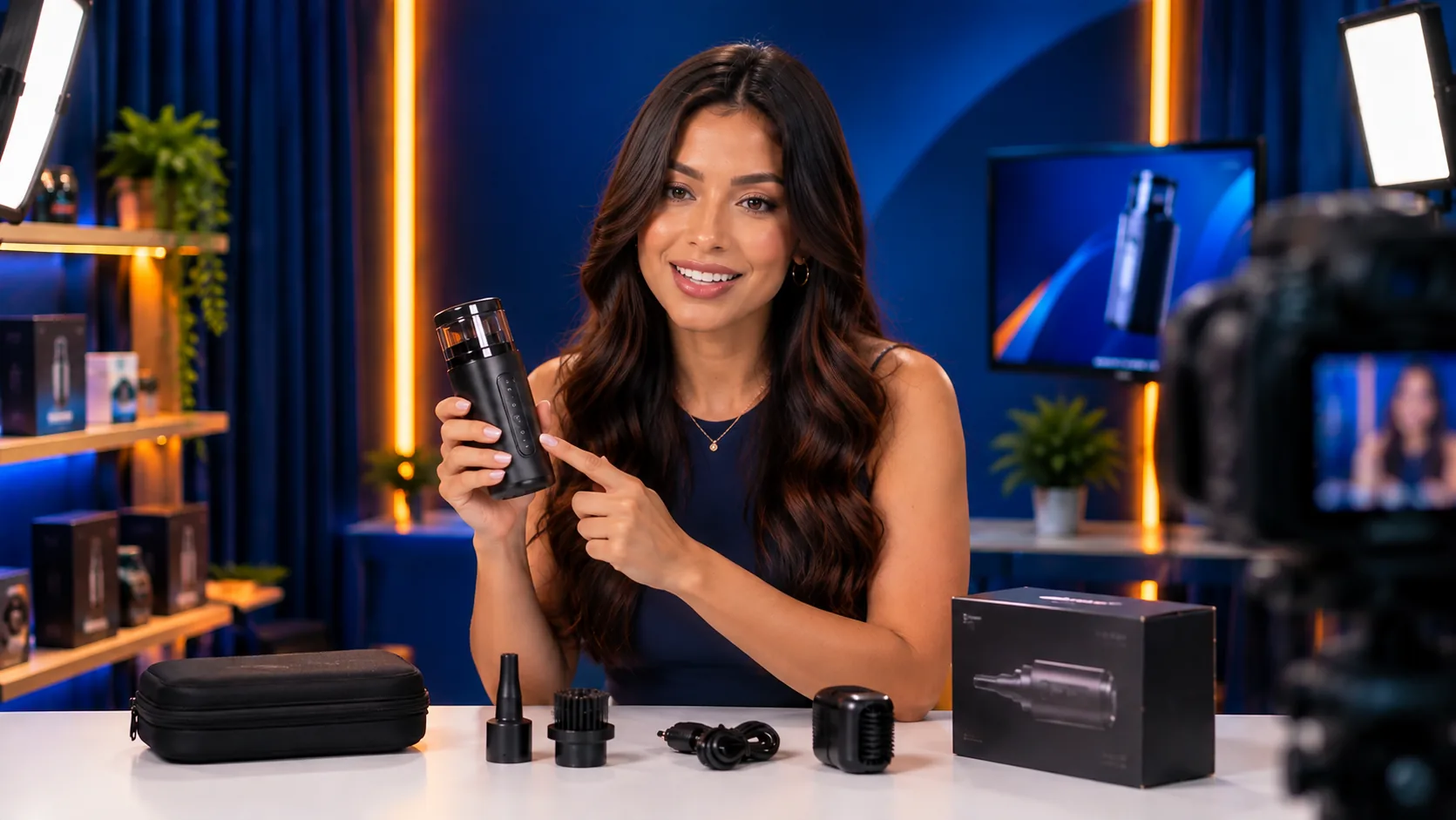 Host apresentando um eletroportátil durante uma live, com acessórios e caixa do produto na bancada